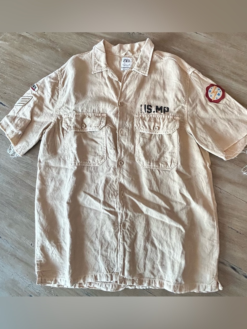 Zara Men's Cream Military Patch Button-Down Shirt